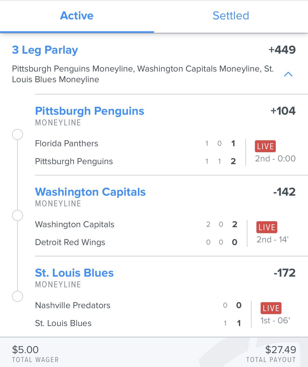MDWpodcast's tweet photo. Have this little three team parlay going for the @NHL tonight. So far so good #AllCAPS #GamblingTwitter #needmoneybad https://t.co/TsIeUAt2Qg