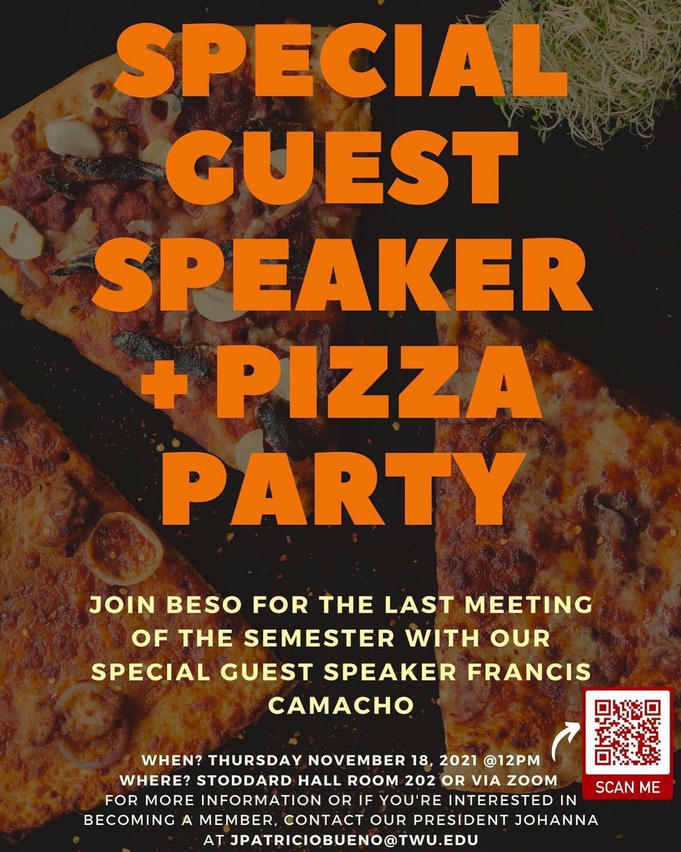 TWUBeso's tweet photo. Join us on November 18 for two amazing events. We start the day with the BESO members meeting at 12 noon. We will have as guest speaker Ms. Francis Camacho from Carrollton-Farmers Branch. Then from 6:00pm-7:30pm join our pizza party at CFO 202. ¡Los esperamos!@jfigueroaflores https://t.co/KRMA3mnQHV