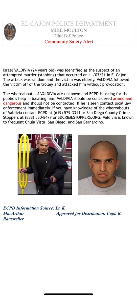 elcajonpolice's tweet photo. 🚨PUBLIC SAFETY ALERT🚨 

We’re asking for the public’s help reference the attached Public Safety Alert in regards to an attempt murder (stabbing) that occurred on 11/3/21 in El Cajon. The suspect has been identified as Israel Valdivia &amp; he should be considered armed &amp; dangerous! https://t.co/2BIx6pkiIh