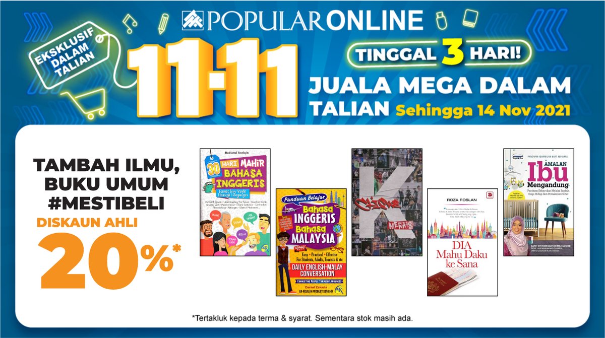 PopularMalaysia's tweet photo. Last 3 Days! Learn with only the best learning materials at POPULAR Online11.11 Sale. Get them now while stocks last! 

✔ Discount up to 90%* off

Click here to Shop Now https://t.co/Xeu6OfJewe

#POPULARMalaysia #POPULAROnline #1111promo #1111sale #Jualan1111 #promotion https://t.co/zcQZNVSlsh