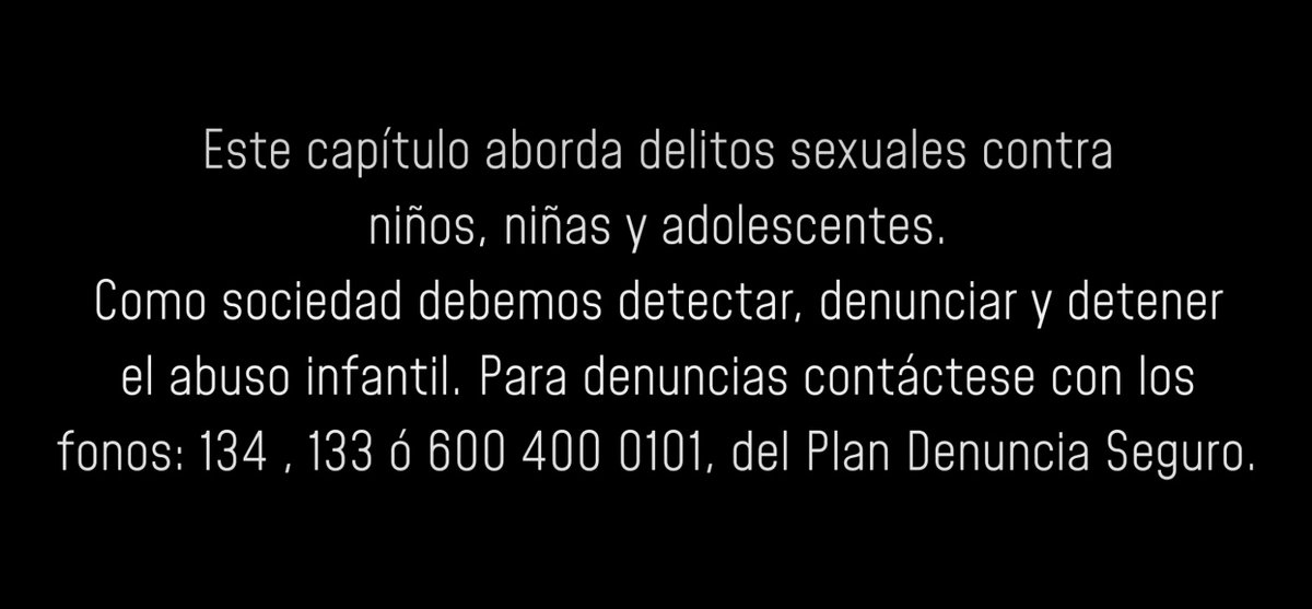 TVN's tweet photo. Este capítulo aborda delitos sexuales contra niños, niñas y adolescentes. Como sociedad debemos detectar, denunciar y detener el abuso infantil. Para denuncias contáctese con los fonos 134, 133, ó 600 400 0101, del Plan Denuncia Seguro.

#MeaCulpaElRegresoEnTVN #MeaCulpaEnTVN https://t.co/2svmEffKSn