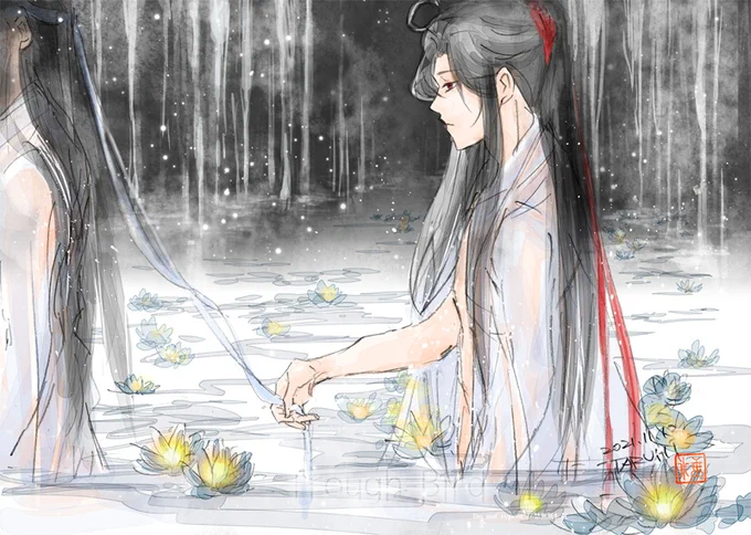 おはようございます。冷泉にて。
【あのさ、藍湛、聞いてほしいことがあるんだ】
#忘羨 #魔道祖師 #陳情令 #마도조사  #mdzs 
魏嬰はこういう時、藍湛の抹額を握って離さない。 