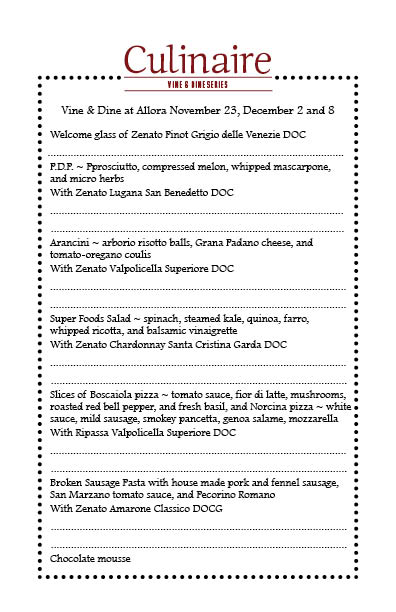 The menu is out for our three delicious <a href="/zenatowinery/">Zenato Winery</a>  evenings <a href="/AlloraYYC/">Allora Everyday Italian</a> in the private dining room, Nov 23, Dec 2, and 8! 
Only 25 places each evening so reserve yours now! vineanddine.ca/upcoming-novem…
linda@vineanddine.ca