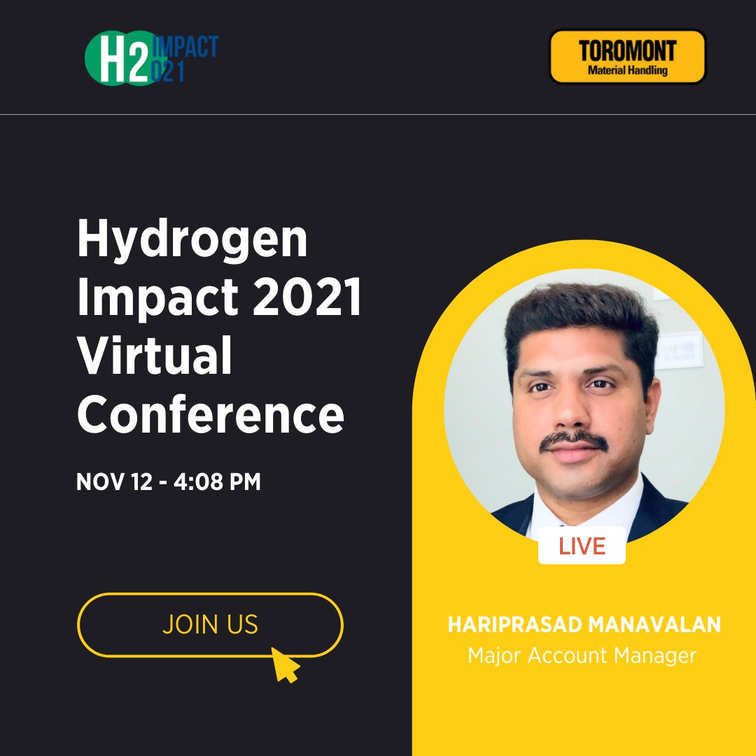 ToromontMH's tweet photo. Are you attending this year's #Hydrogen Impact Virtual Conference by Hydrogen Business Council (HBC)?

Catch our Major Account Manager, Hariprasad Manavalan, explain how hydrogen fuel cells are becoming the leading alternate fuel technology in material handling applications. https://t.co/wD49I9ZzFY