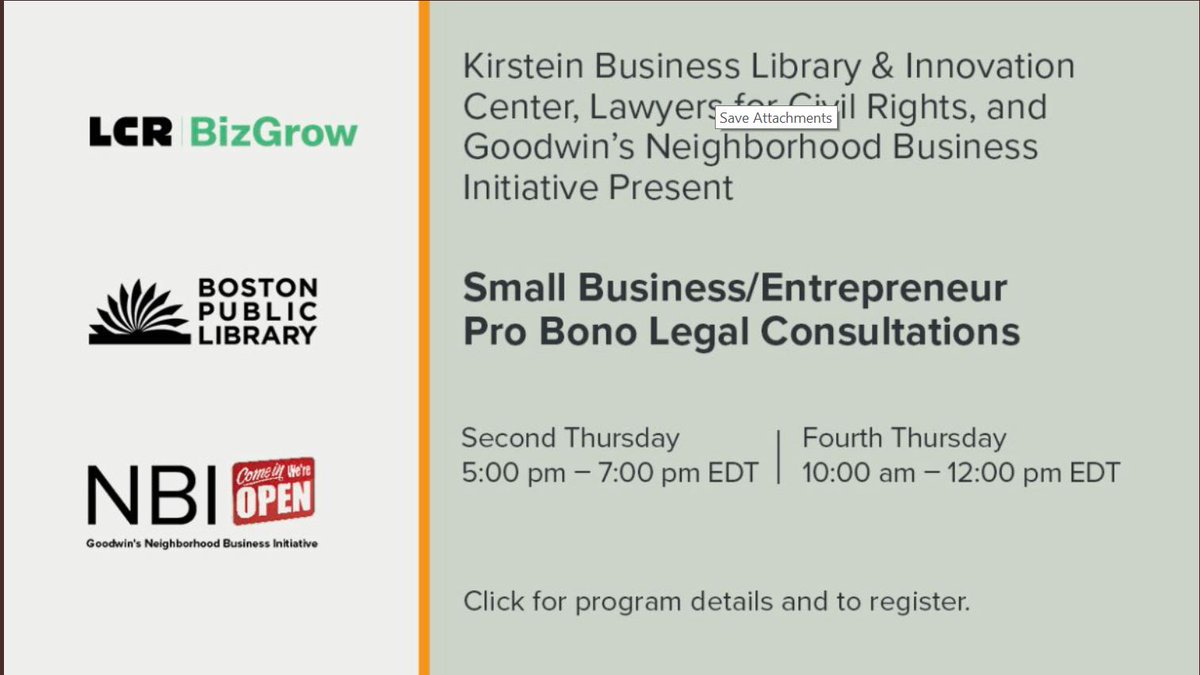 goodwinlaw's tweet photo. Are you a small biz or #entrepreneur w/a legal question? The #GoodwinLaw Neighborhood Business Initiative partners w/@BPLBoston #Kirstein &amp; 
@LCRBOSTON to offer virtual #smallbusiness legal consultations. Info &amp; sign up: https://t.co/akyBrz1kmS #legalhelp #probono #GoodwinNBI https://t.co/YAhNZMiMaC