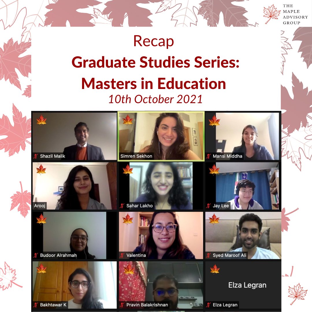 MapleAdvisory's tweet photo. Today, for our Mapling #SessionSnapshots, we’re recapping our panel discussion on applying for graduate school programs, particularly Masters in Education. Thank you to our wonderful panellists 🍁
#maplings #mapleadvisory https://t.co/goe4mBAHmw