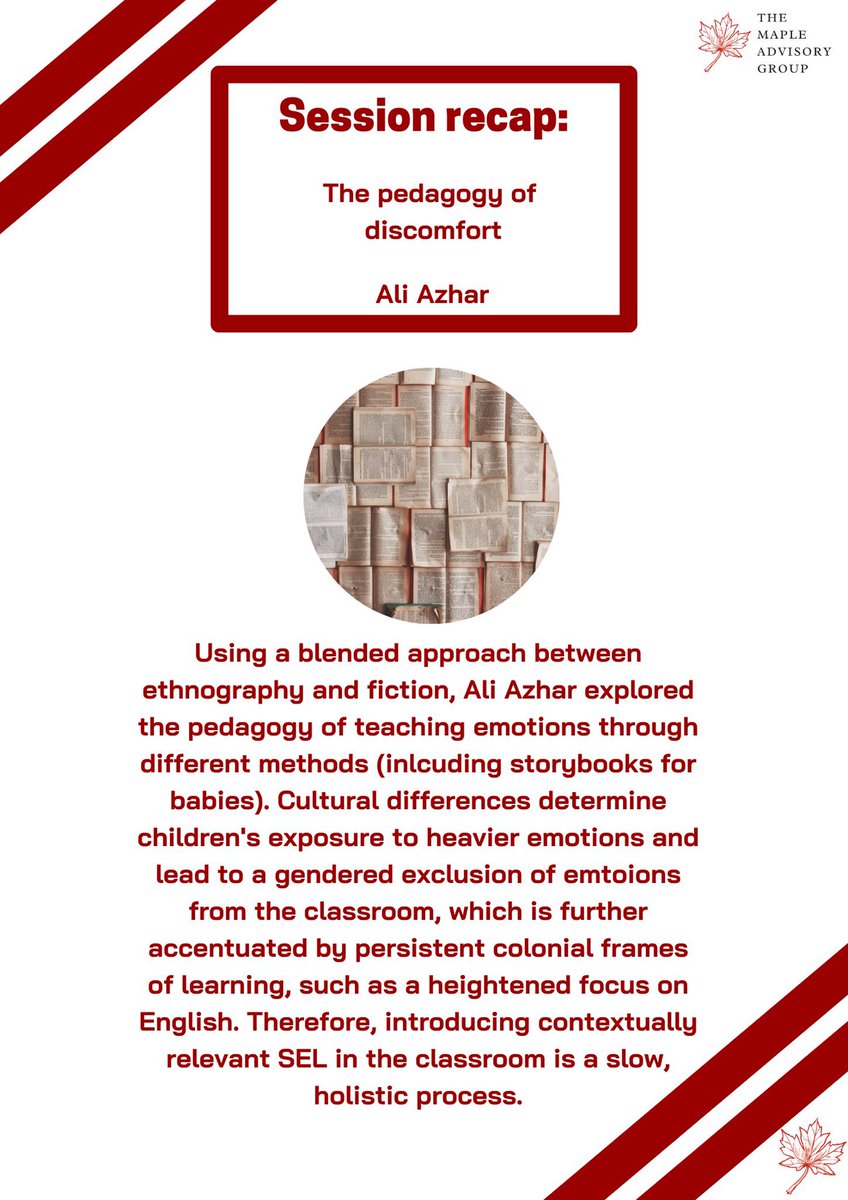 MapleAdvisory's tweet photo. Today, for our Mapler #SessionSnapshots, we’re recapping Ali Azhar’s reflective, inter-disciplinary and insightful session on “the pedagogy of discomfort” and how to teach emotions in the curriculum 🍁
#maplers #mapleadvisory https://t.co/iaTlvDOOwb