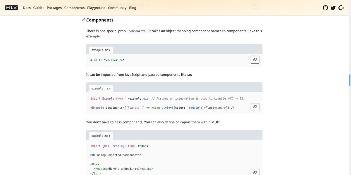 imballinst's tweet image. .@mdx_js v2 (beta) is SO GOOD: mdxjs.com/docs/using-mdx/. Massive props to everyone behind this 👏
🤯 pass `components` to imported MDX (not sure if that's possible without `MDXProvider` before...?)
🤯 pass props to MDX, kinda similar to how we render a Pug file, I think
