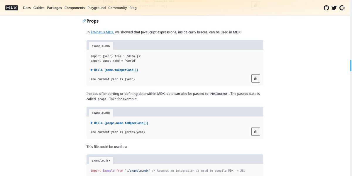 imballinst's tweet image. .@mdx_js v2 (beta) is SO GOOD: mdxjs.com/docs/using-mdx/. Massive props to everyone behind this 👏
🤯 pass `components` to imported MDX (not sure if that's possible without `MDXProvider` before...?)
🤯 pass props to MDX, kinda similar to how we render a Pug file, I think