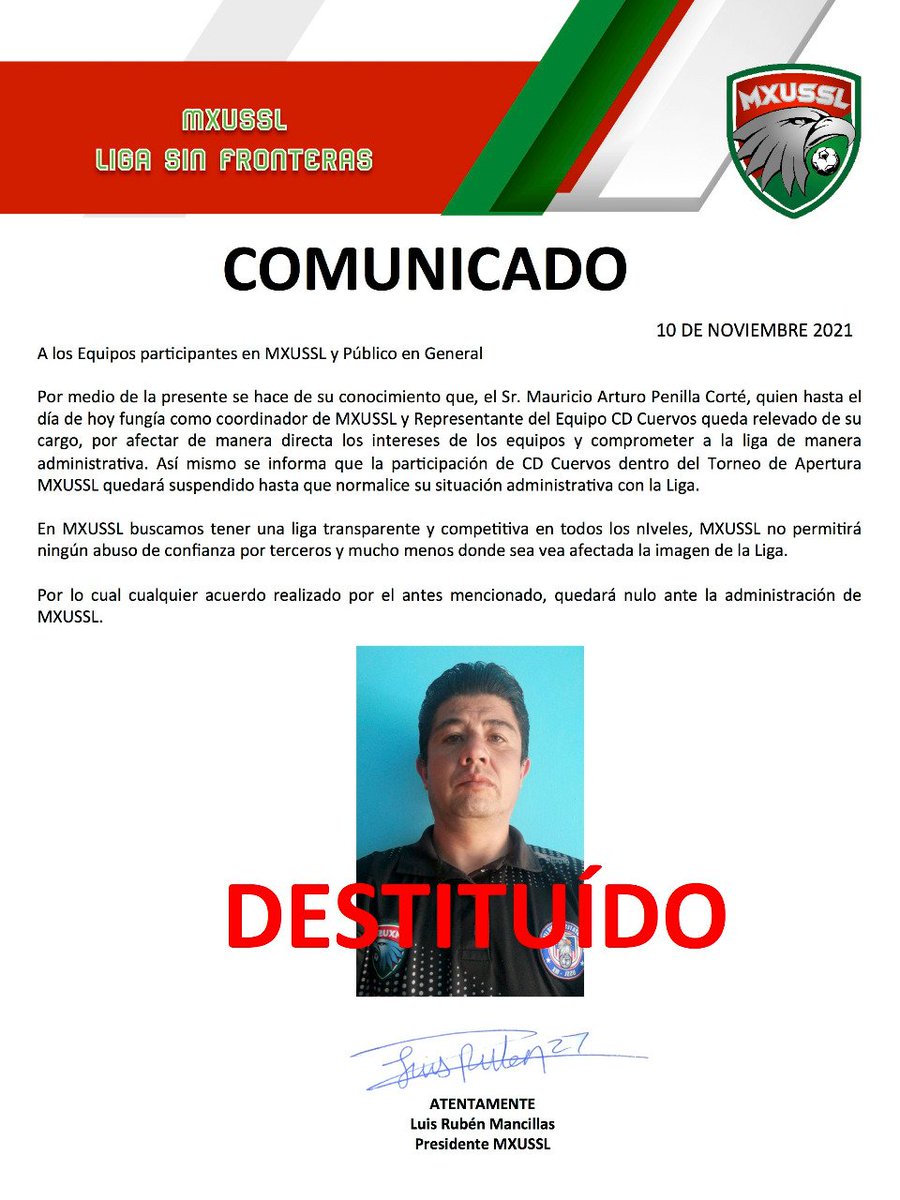 NoticiasPambol1's tweet photo. ¡Empiezan a caer los peces gordos en la Mxussl!🚨

La Mxussl Liga Sin Fronteras anuncio la destitución de Mauricio Penilla de su cargo en la liga y por ende CD Cuervos está en peligro de desaparecer. 

#NoticiasPamboleras #CDCuervos #Mxussl https://t.co/al0Wb2xXH3