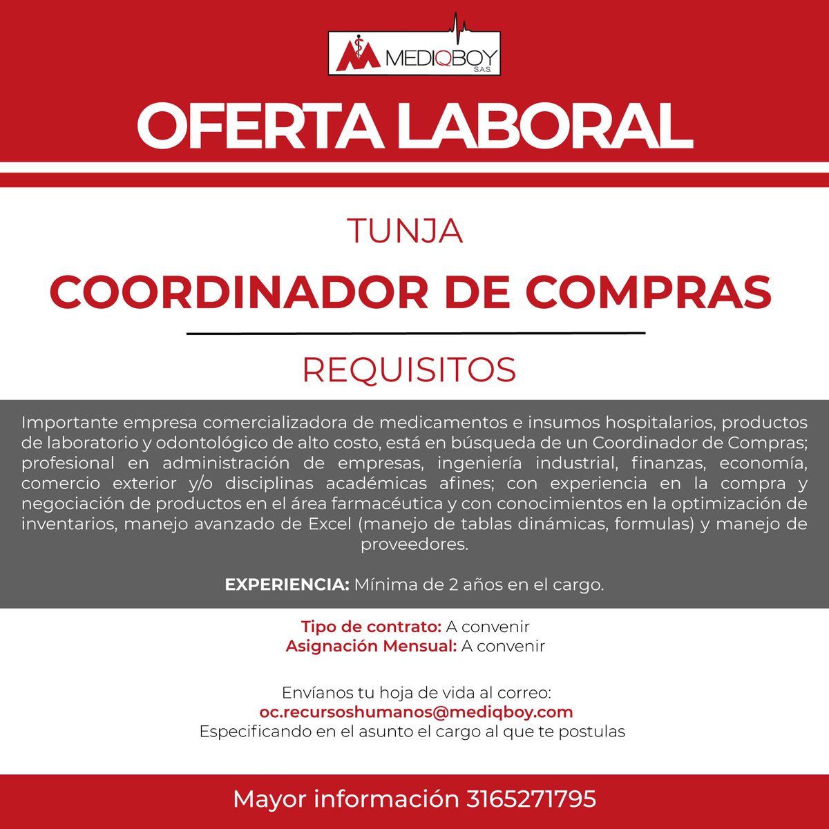 mediqboy's tweet photo. 📢 Oferta Laboral❗️

👉 Buscamos el mejor talento humano👈

✉️ Envíanos tu hoja de vida al correo:
oc.recursoshumanos@mediqboy.com.
(Indicar en el asunto el cargo al cual se postula)

💊 Mas información 💊
316 527 1795 https://t.co/J9gEHDsw0d