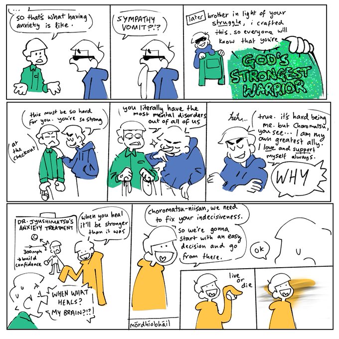 comics about choromatsus anxiety. @buggleboos and @wiihtigo my brothers in jokes 