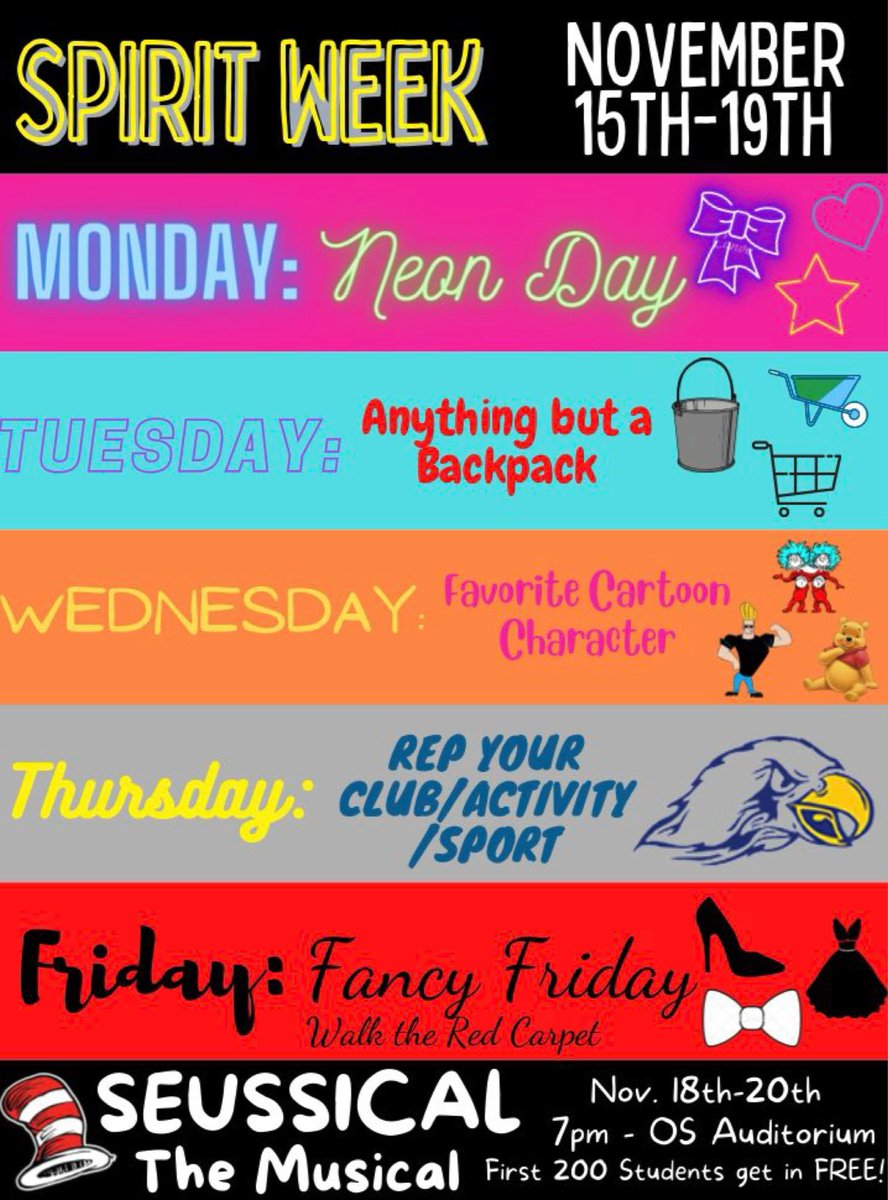 OSHS_StuCo's tweet photo. Support @OSTheatre5006 and join in on the spirit week for Seussical!! https://t.co/FiYFMXbM8J
