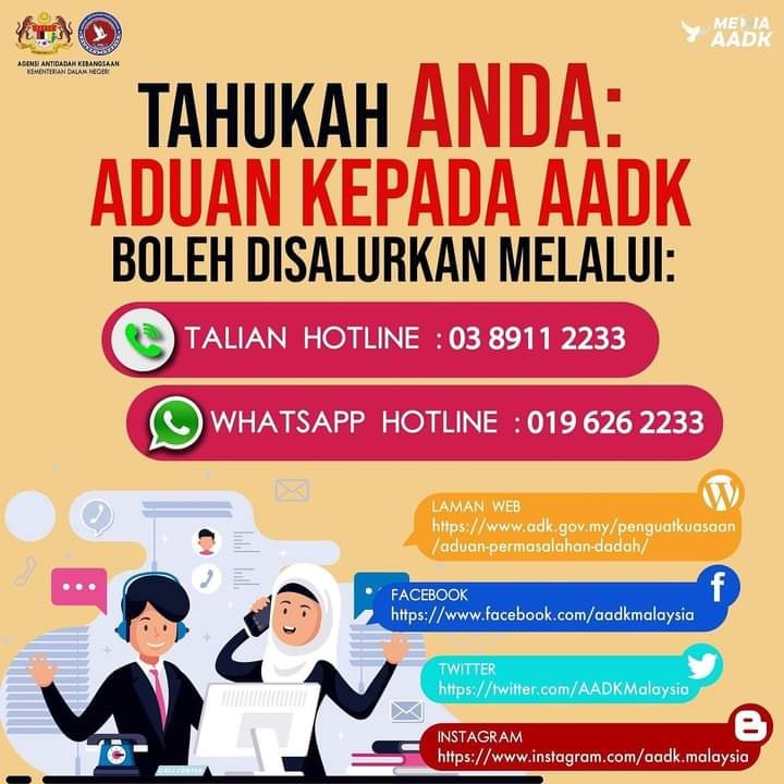 aadkkkangsar's tweet photo. HOTLINE AADK

Tahukah anda ADUAN kepada AADK boleh disalurkan melalui pelbagai saluran antaranya HOTLINE AADK di talian 03-89112233 atau Whatsapp 019-6262233 dan melalui media sosial kami juga.

#DadahTerkawal2025
#LebihBaikCegah
#TakPerluStimGuys https://t.co/O2oWct3vYd