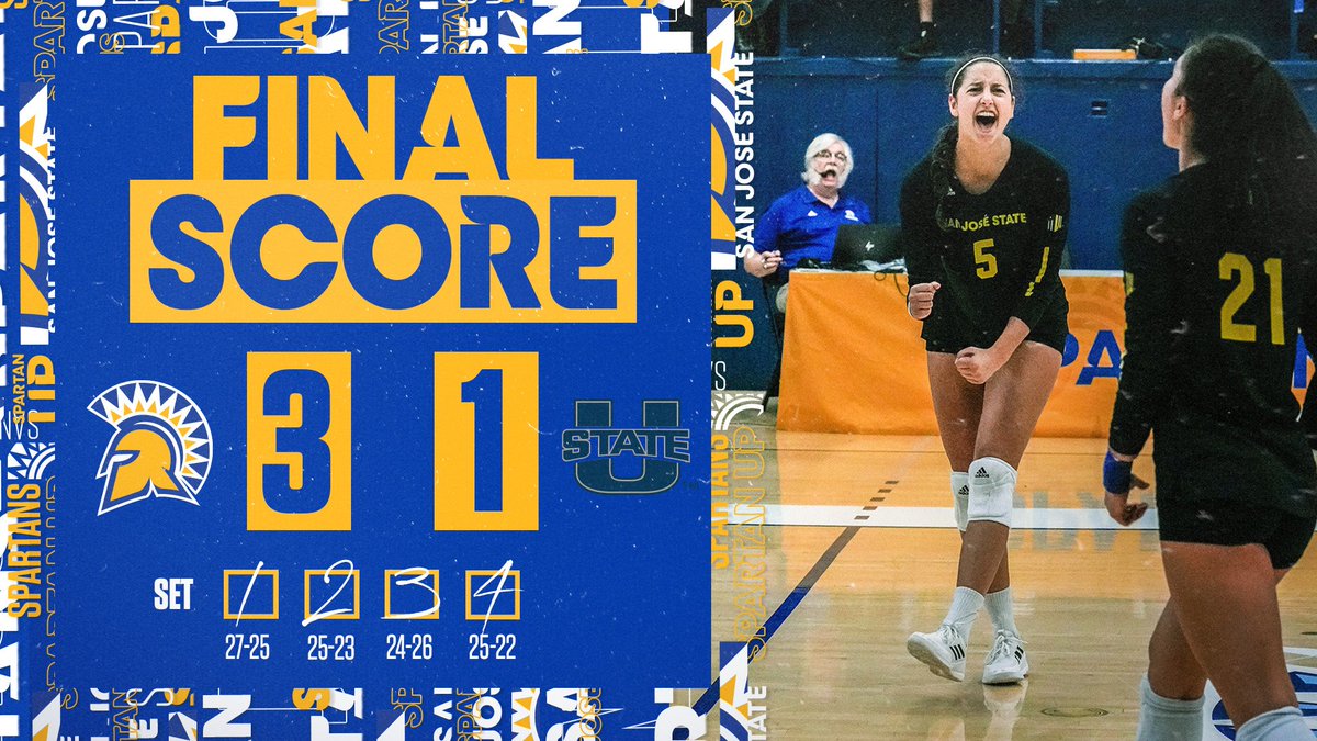 SanJoseStateVB's tweet photo. Spartans with the win!
Letizia Cammillucci - 19 kills
@haylee_nelson 14 kills
@lowc_07 13 kills
@RyannThomison 13
Sarah Smevog 21 digs, 4 aces
Mia Schafer 48 assists, 19 digs

#SpartanUp https://t.co/zRSXXSBqJf