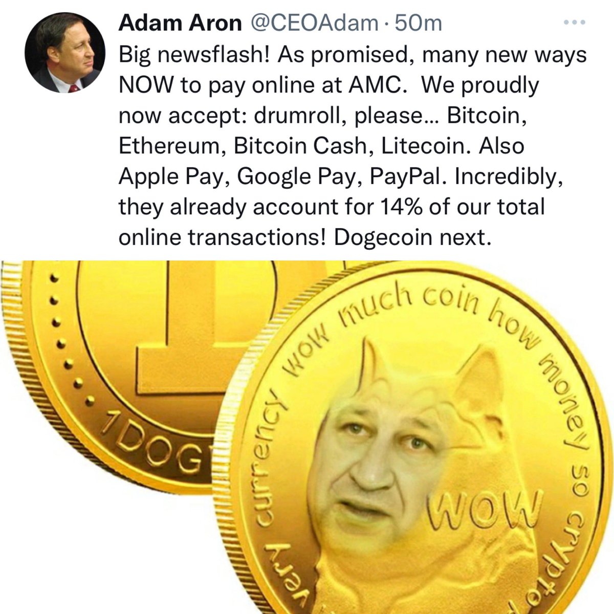 TDogewhisperer's tweet photo. CEO of #AMC Adam Aron says #dogecoin is next to be added as a payment method!

@CEOAdam will soon be joining the $Doge fam 🐕 https://t.co/uJ1AZxCXBW