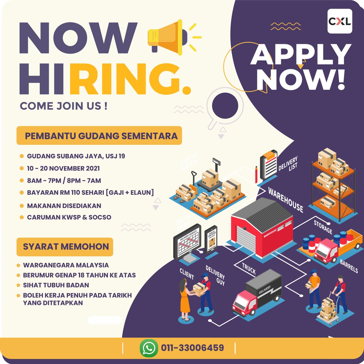 blqsrsli's tweet photo. PART TIME WAREHOUSE DI SUBANG JAYA!
PEMBANTU GUDANG SAMBILAN 11.11!
10 - 20 NOVEMBER 2021
RM110/SEHARI
https://t.co/F6G0JwbPSS
@twt_outdoor @GengKerjaIntern @Peluang_KerjaMY @ttdiTV @Twt_IklanKerja @kraftwurker @The__KopiShop @twtNegaraku @watanmalaysia @advertisementM6 https://t.co/9XKj8n2XZq