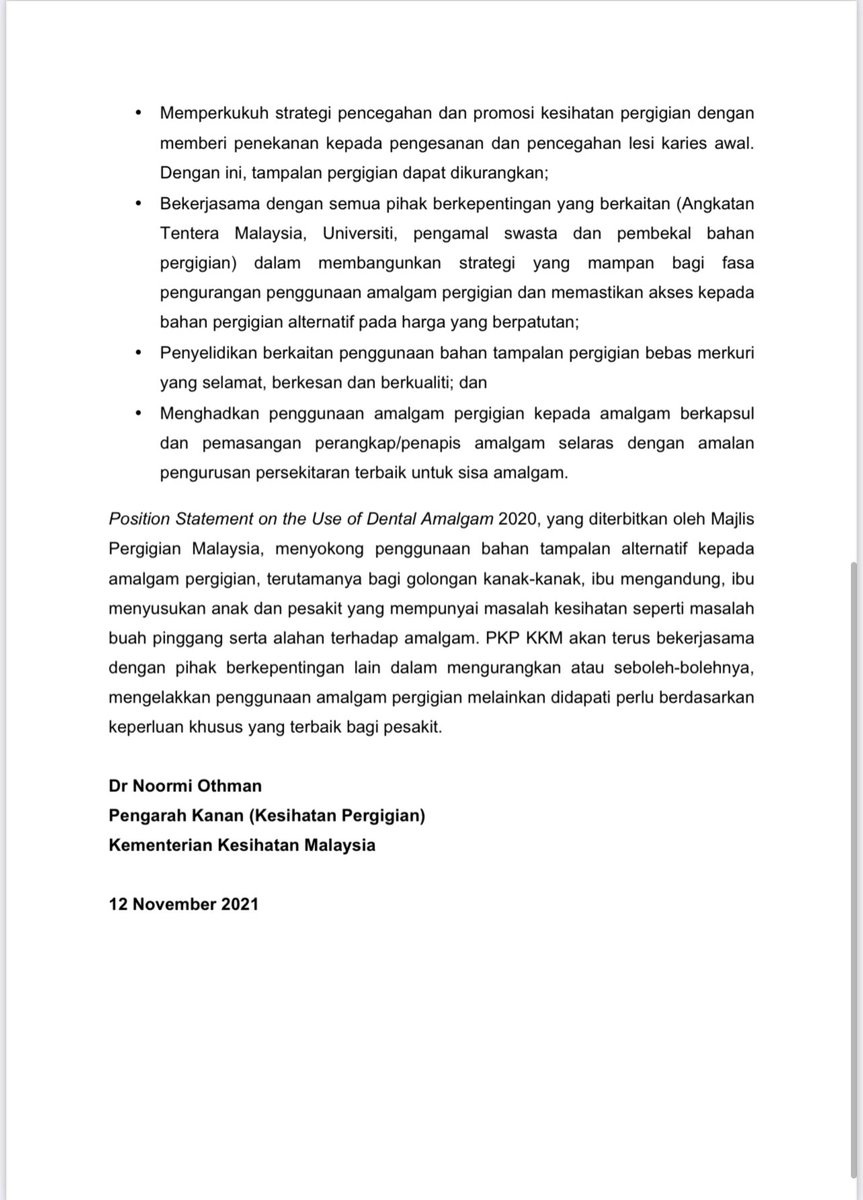 KKMPutrajaya's tweet photo. Kenyataan Akhbar Kementerian Kesihatan Malaysia - 12 November 2021

Usaha Berterusan Kementerian Kesihatan Untuk Mengurangkan Secara Berfasa Penggunaan Amalgam Pergigian https://t.co/doHnW2gxlz