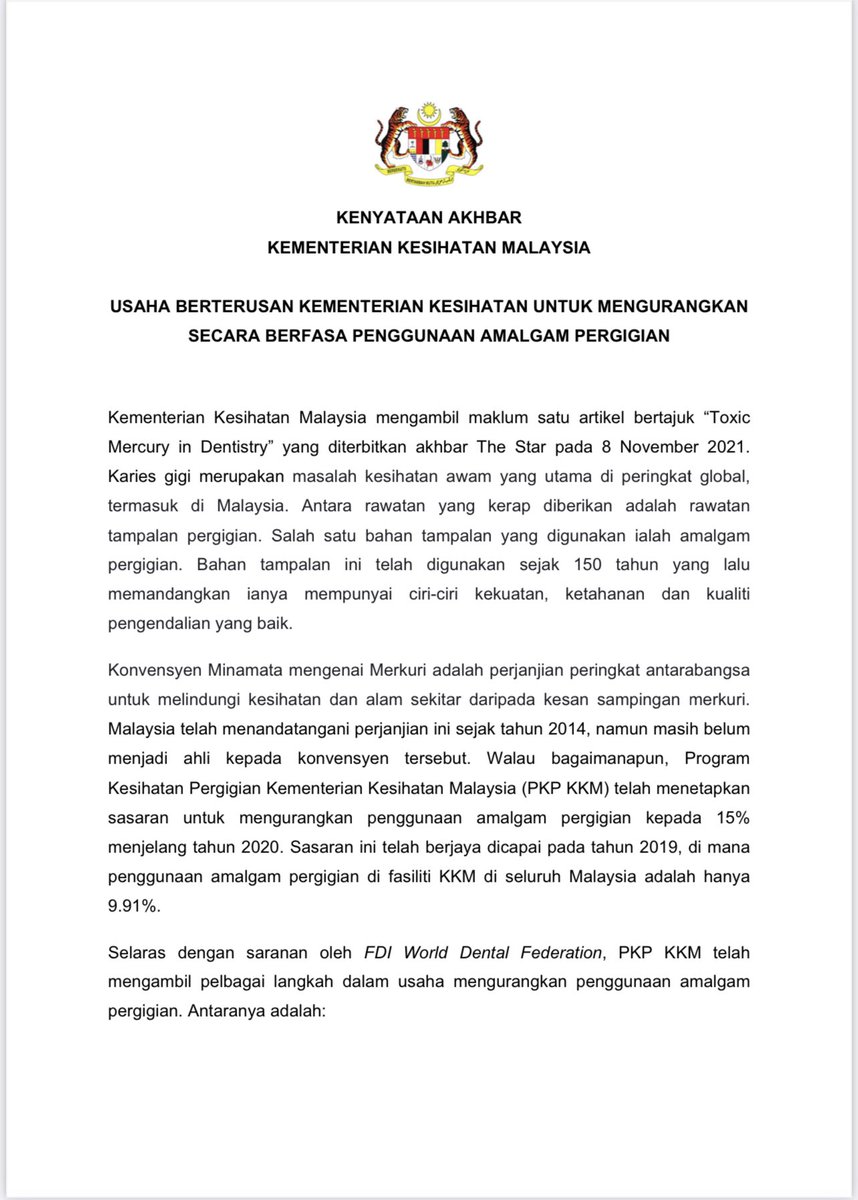 KKMPutrajaya's tweet photo. Kenyataan Akhbar Kementerian Kesihatan Malaysia - 12 November 2021

Usaha Berterusan Kementerian Kesihatan Untuk Mengurangkan Secara Berfasa Penggunaan Amalgam Pergigian https://t.co/doHnW2gxlz