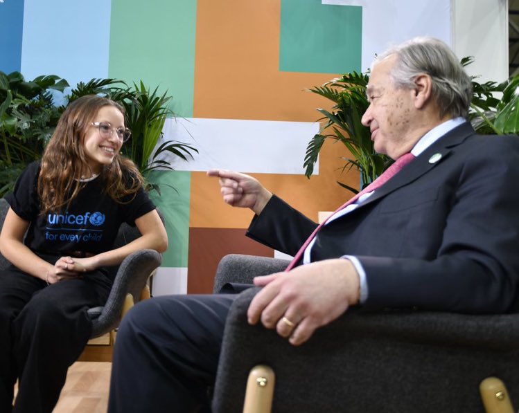 Hope483548's tweet photo. UN Secretary-General António Guterres spoke to @UNICEF Youth Advocate Nicki Becker about the urgent need for #ClimateAction at #COP26 . Watch their conversation here: https://t.co/aDx74deCYd… https://t.co/U2hgJvh8td