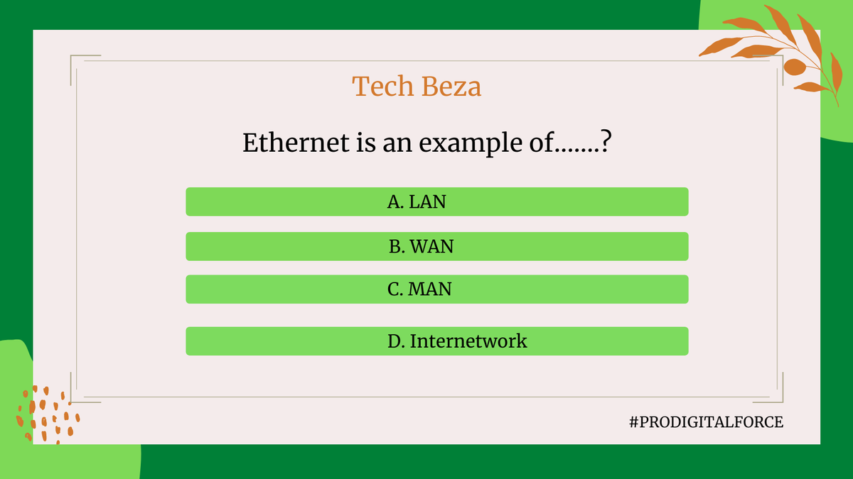 prodigitalforce's tweet image. Ethernet is an example of.......?

Friends! Test your computer knowledge. Here is the question to test your &quot;TechBrain&quot;
Answer the question with the following options...A/B/C/D

#technology
#tech
#test
#prodigitalforce
#DigitalMarketing