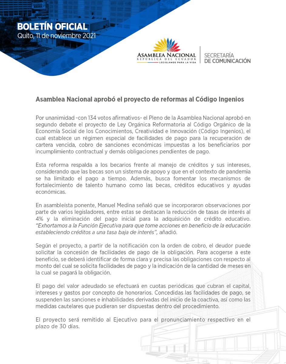 AsambleaEcuador's tweet photo. [Boletín] Asamblea Nacional aprobó el proyecto de reformas al #CódigoIngenios ▶️ https://t.co/46eCvNDW08 https://t.co/VfOZwNtySF