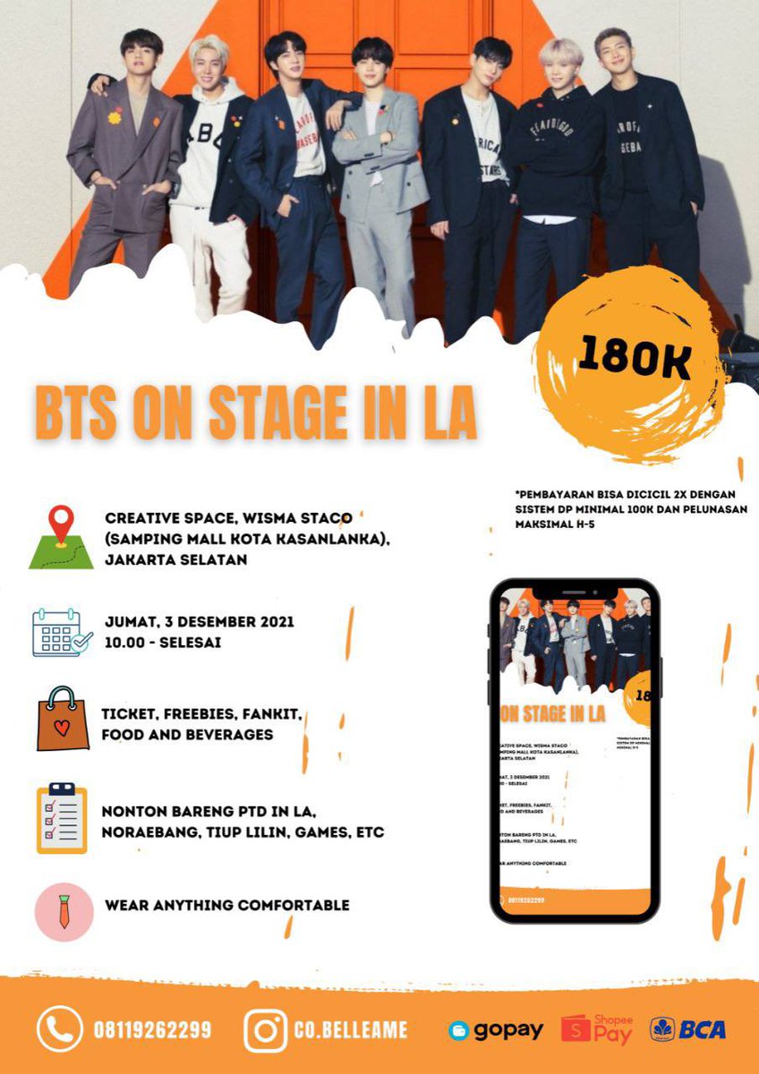 belleameID's tweet photo. NOBAR OFFLINE BTS ON STAGE IN LA 

HTM 180K 

*Pembayaran bisa dicicil dengan sistem DP Minimal 100K dan pelunasan maksimal H-5 Acara 

📍CREATIVE SPACE, WISMA STACO
(AMPING MALL KOTA KASANLANKA),
JAKSEL

🗓JUMAT, 3 DESEMBER 2021

CONTACT PERSON : 08119262299 (WA) / DM https://t.co/wAjCtsS59B