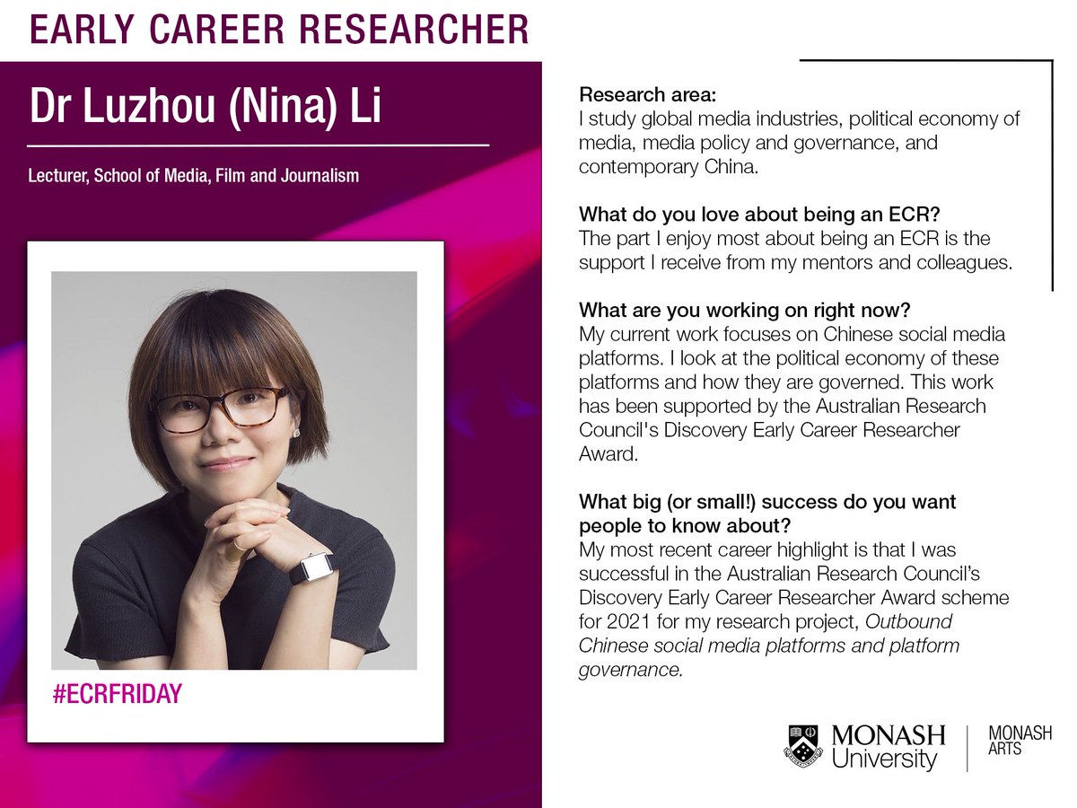 Monash_Arts's tweet photo. Today’s #ECRFriday shout out goes to Dr Luzhou (Nina) Li! 👏👏
You can find out more about Dr Li and her research here: https://t.co/jbcJ7yCSBV
#MonashArts #MFJMonash @LuzhouLi @MFJMonash @MonashUni https://t.co/Am4NoYKj4C