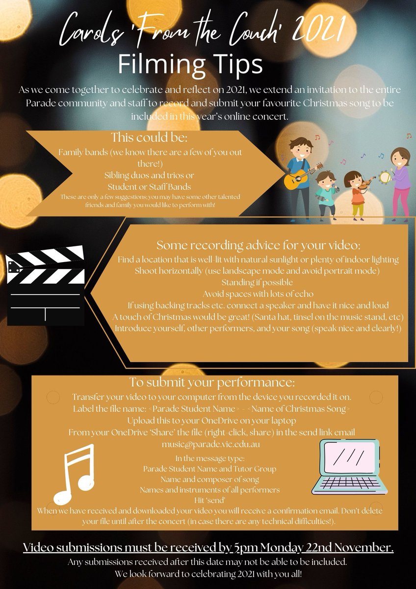 A reminder that the annual Parade College Christmas Carols concert is fast approaching!

This year we're extending the invitation to the entire Parade community to record/submit your favourite Christmas song to be included in this year’s online event!

🟣🟢🔵

#paradecollegemusic