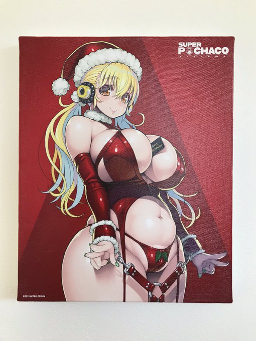 以前描いたボンデージぽちゃ子をキャンバスアートにしていただきました!ニトロプラスオンラインストアにてご予約受付中です🎅 #すーぱーぽちゃ子 #superpochaco 