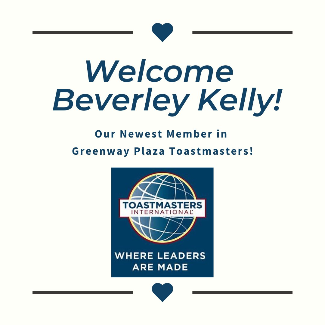 📢WELCOME our newest member, Beverley Kelly!⏰Join us next Thursday for another New Member Induction Ceremony! 🥰All Guests are Welcome! Zoom link on Home Page of gwp.toastmastersclubs.org 
#Leadership #greenwayplaza 
#Toastmasters #district56toastmasters #communication #teamwork