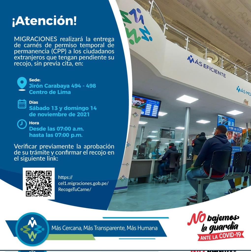 FedericoAgusti's tweet photo. #LOÚLTIMO | Este 13 y 14 de noviembre @MigracionesPe entregará Carné de #CPP en la Sede Migraciones del Centro de Lima de 7:00 a 19:00 sin previa cita
Verifica la aprobación de tu trámite y confirma el recojo en este enlace: ✅ https://t.co/w9PlKaSB9C #Regularizate #ACNUR https://t.co/8k6qIgCmBL