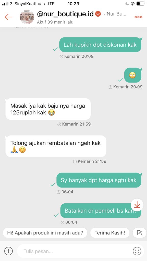 AgsteriaAlifta_'s tweet photo. @schfess Ada penjual juga yg nyuruh kita batalin, bikoss salah harga.. padahal uwe dpt barang gratis pun banyaaaaak juga fine fine ajaa penjualnya 😹 https://t.co/hCYO0OQKvq