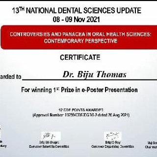 Congratulations Prof. (Dr.) Biju Thomas for winning 1st prize in e-poster presentation at 13th National Dental Sciences Update.