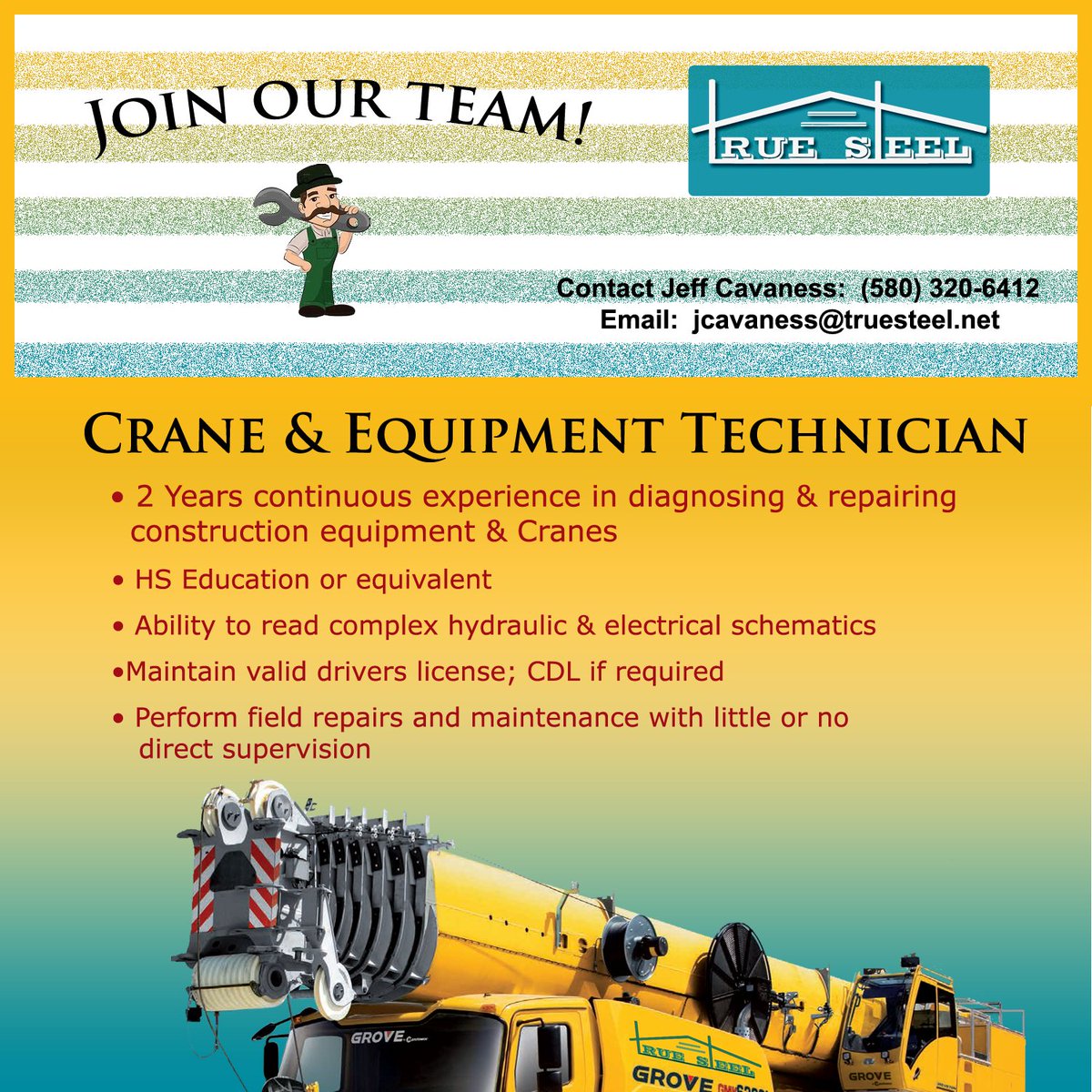 true_crane's tweet photo. Join the True Steel team!  We are looking for a crane and equipment technician.  Please reference the attached graphic for additional details.
#truecrane, #craneservice, #cranes, #rigging https://t.co/q4k4cXAW9l