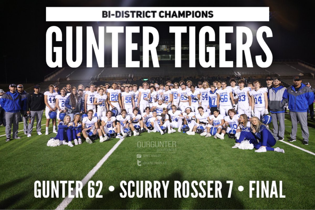 @OurGunter (@ourgunter) on Twitter photo Bi-District Champion Gunter Tigers!!!
Gunter 62, Scurry Rosser 7 - Final <a href="/ourgunter/">@OurGunter</a> <a href="/gunterssect/">GHS Student Section</a> <a href="/Gunter_ISD/">Gunter ISD</a> <a href="/gunter_football/">Gunter Tiger Football (5xStateChamps)</a> <a href="/Dtigers6685/">FridayNightHeroes</a> <a href="/Matt_Stepp817/">Matt Stepp</a> <a href="/FridayNghtGlory/">Friday Night Glory</a> <a href="/Tepper/">Greg Tepper</a> <a href="/dctf/">Dave Campbell's — TexasFootball.com</a> <a href="/CoachFieszel/">Jake Fieszel</a> <a href="/CoachEgger/">Jeff Egger</a> <a href="/Frosty5499/">COACH</a> <a href="/CoachChav/">Coach Eric Chavez</a> @cheertigertpw <a href="/txhsfbgameday/">TXHSFB Gameday</a> <a href="/ReneeMarler/">Renee Marler</a> Bi-District Champion Gunter Tigers!!!
Gunter 62, Scurry Rosser 7 - Final <a href="/ourgunter/">@OurGunter</a> <a href="/gunterssect/">GHS Student Section</a> <a href="/Gunter_ISD/">Gunter ISD</a> <a href="/gunter_football/">Gunter Tiger Football (5xStateChamps)</a> <a href="/Dtigers6685/">FridayNightHeroes</a> <a href="/Matt_Stepp817/">Matt Stepp</a> <a href="/FridayNghtGlory/">Friday Night Glory</a> <a href="/Tepper/">Greg Tepper</a> <a href="/dctf/">Dave Campbell's — TexasFootball.com</a> <a href="/CoachFieszel/">Jake Fieszel</a> <a href="/CoachEgger/">Jeff Egger</a> <a href="/Frosty5499/">COACH</a> <a href="/CoachChav/">Coach Eric Chavez</a> @cheertigertpw <a href="/txhsfbgameday/">TXHSFB Gameday</a> <a href="/ReneeMarler/">Renee Marler</a>