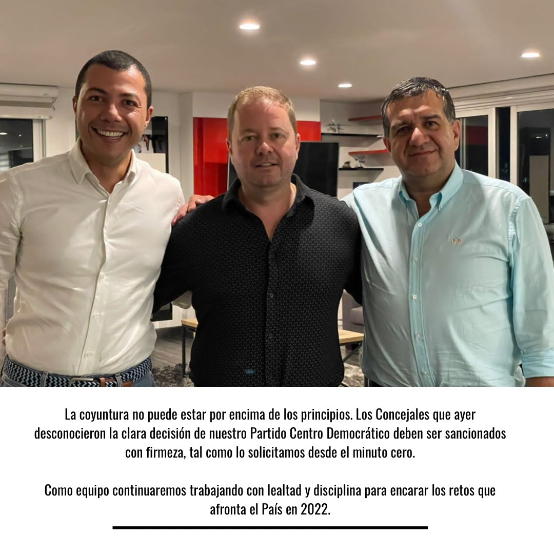 La coyuntura no puede estar por encima de los principios. Los Concejales que ayer desconocieron la clara decisión de nuestro Partido <a href="/CeDemocratico/">Centro Democrático</a> deben ser sancionados con firmeza, tal como lo solicitamos desde el minuto cero.