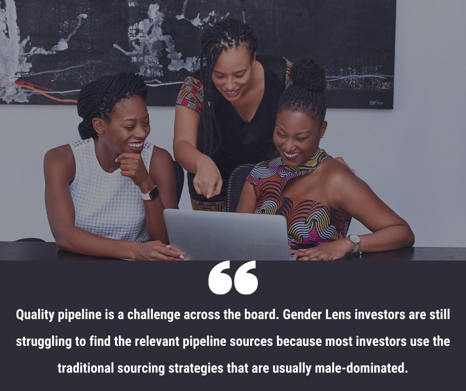 Sourcing quality pipeline is often one of the major challenges that gender lens investors face. 

For more challenges and to learn from investors on how to address them, download our report on Gender Lens Investing in Sub-Saharan Africa- bit.ly/3mkfL6e

#GMC #coLABS