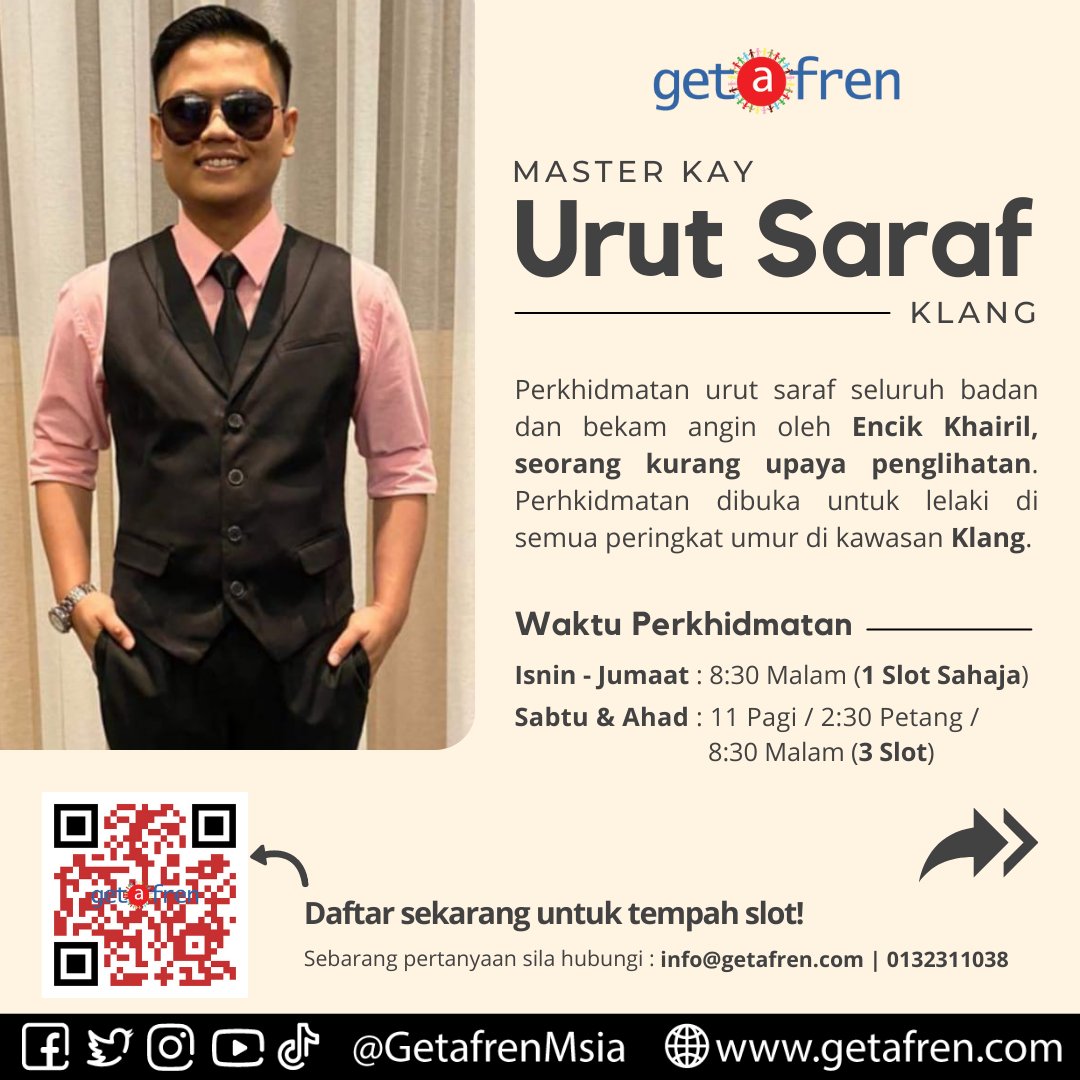 GetafrenMsia's tweet photo. Badan rasa lesu dek kepenatan bekerja?
Ingin dapatkan servis urutan badan? 
Kami bawakan khas, pengurut mahir dalam servis urutan saraf dan bekam angin oleh Encik Khairil, seorang kurang upaya penglihatan. https://t.co/y77Q8o14pY
