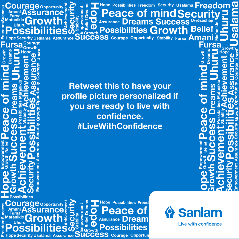 SanlamAllianzKe's tweet photo. 𝗥𝗘𝗧𝗪𝗘𝗘𝗧 🔄 this Tweet to have your profile picture personalised if you are ready to live with confidence. #LiveWithConfidence https://t.co/1yw2RzP5De