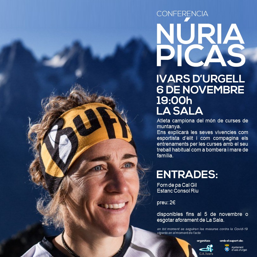 IvarsAjuntament's tweet photo. La @NuriaPicas a #IvarsdUrgell. 

L’atleta catalana campiona del món de curses de muntanya ens vindrà a parlar de les seves experiències en el marc de la Cursa de l’Estany @caIvars

📍La Sala (edifici ajuntament)
🗓 6 de novembre 2021
⏰ 19:00 hores https://t.co/Bh9vZHB3eI
