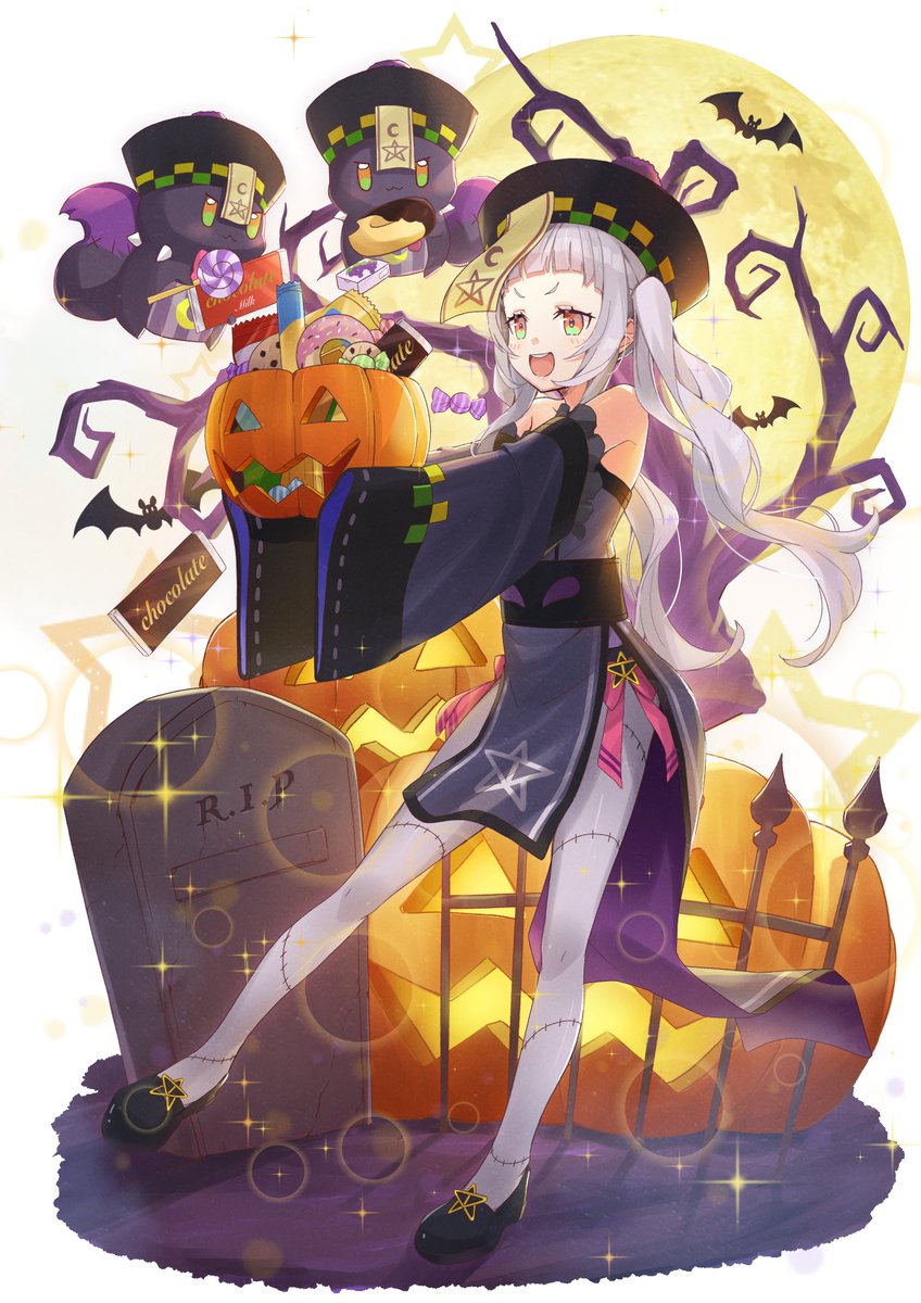 1girl candy long hair grey hair food hat halloween  illustration images