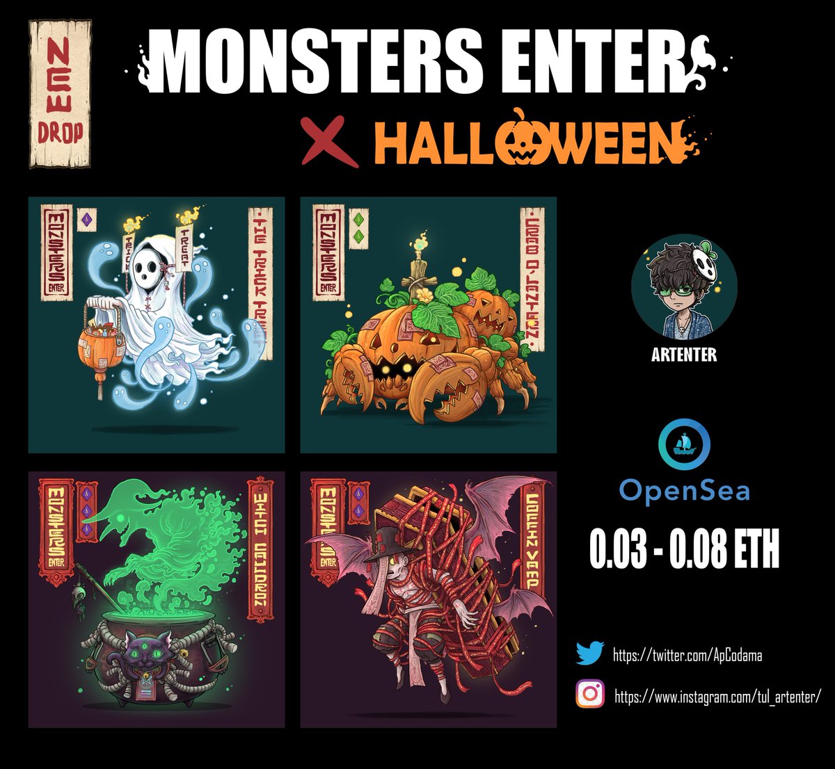 tul_artenter's tweet photo. ⭐️New drops⭐️ 
MONSTERS ENTER x Halloween
🔥Special 4 monsters🔥
https://t.co/ANtAJBgytA

👻🎃Happy Halloween day🎃👻

#NFT #NFTs #NFTCommunity #Halloween #NFTTHAILAND #nftcollector #opensea #NFTdrops https://t.co/OGFdTUZ9x5