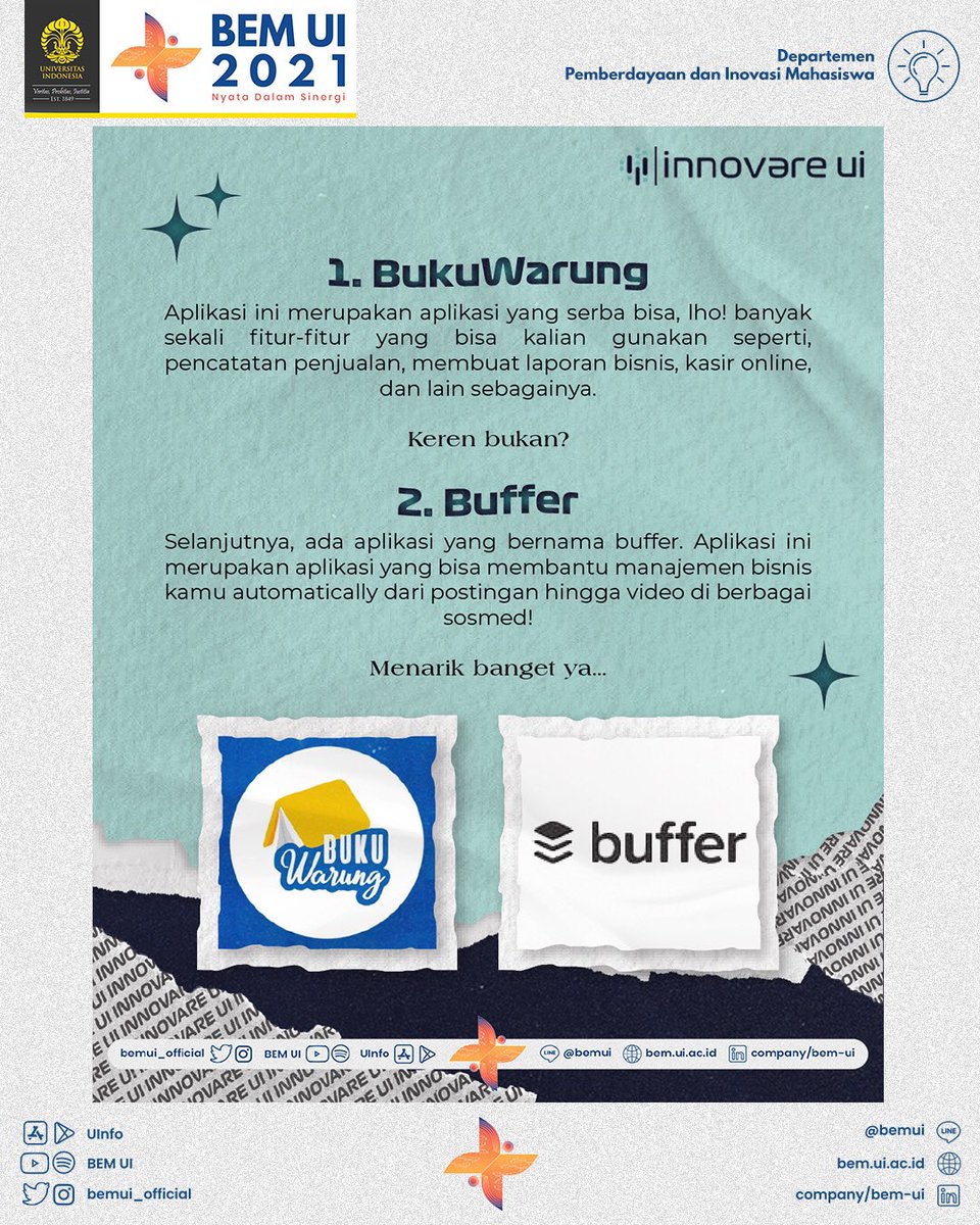 BEMUI_Official's tweet photo. Mau tahu apa saja aplikasi yang dapat membantu seiring dengan berkembangnya bisnis kecilmu? Yuk, simak infografis berikut! 

Jangan lupa untuk daftar seminar daring INNOTalks 3! Informasi lebih lanjut dapat diakses melalui laman Instagram @innovare.ui.

#INNOTIPS
#ROADTOINNOTALKS https://t.co/qVeQVGYMRx