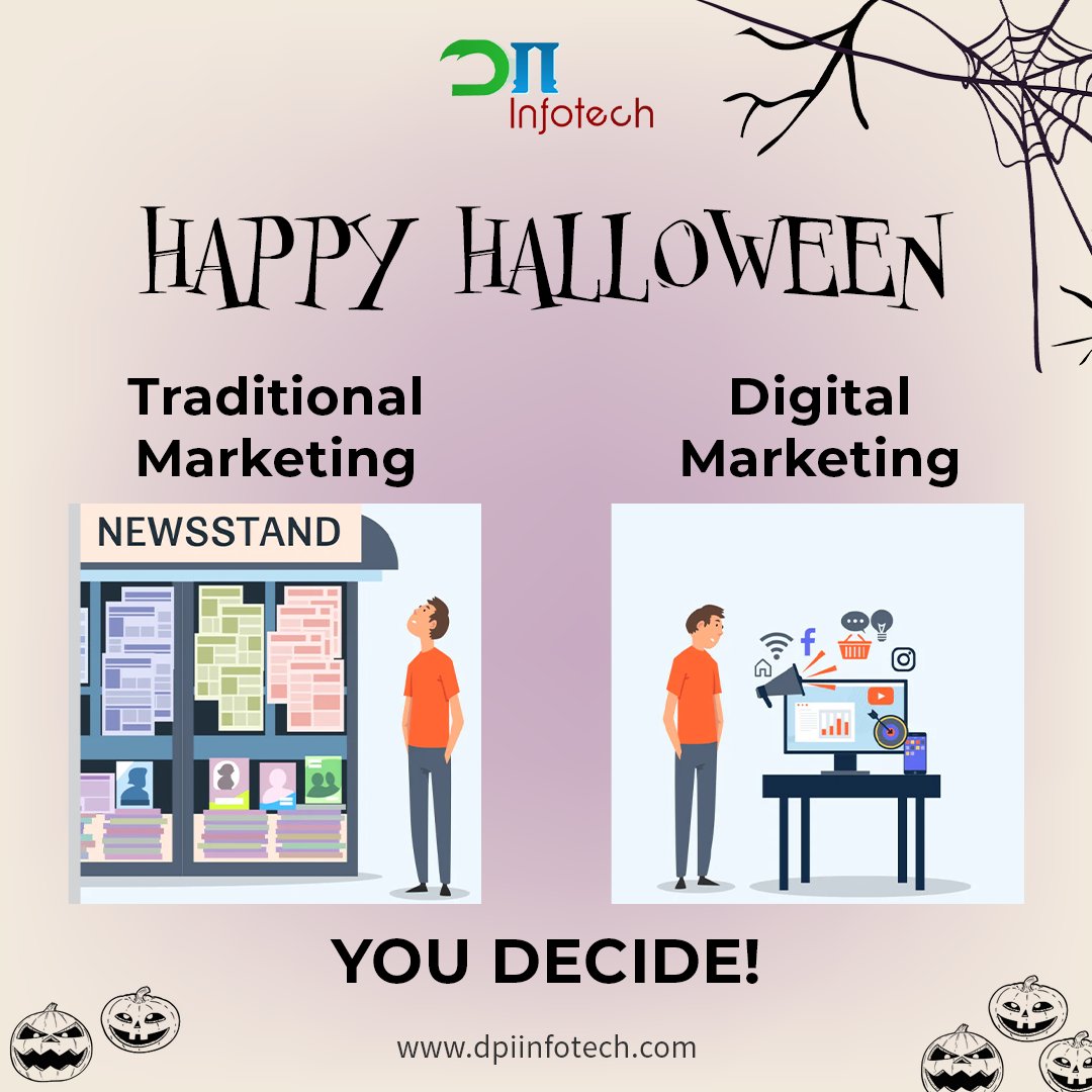 DPIInfotech's tweet photo. Trick or treat is better with little marketing advice. But now it's up to you whether you want to get tricked with traditional marketing or get treated by digital marketing
Happy Halloween
#dpiinfotech #dpiinfotechindia #halloween #trickortreat #marketing #digitalmarketing https://t.co/fDzhCi3Bjw