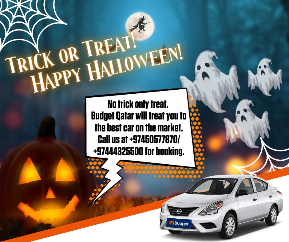 QatarBudget's tweet photo. Happy Halloween! No trick only treat. ✌😁
Budget Qatar will treat you to the best car on the market. Call us at +97450577870/ +97444325500 for booking.
#happyhalloween #notricksjusttreats #qatarhalloween #Halloween2021 #halloweenqatar #BudgetFriendly #notricksjusttreats #qatar https://t.co/kpAJX6o7ZI