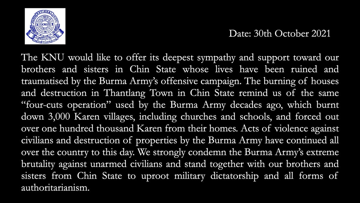 PhooPPKyaw's tweet photo. #KNU will always stand with our ethnic nationalities in Burma who face the same oppression under the military rule. Your suffering isn’t in vain. #WhatsHappeningInMyanmar https://t.co/uW9RNdoLfd