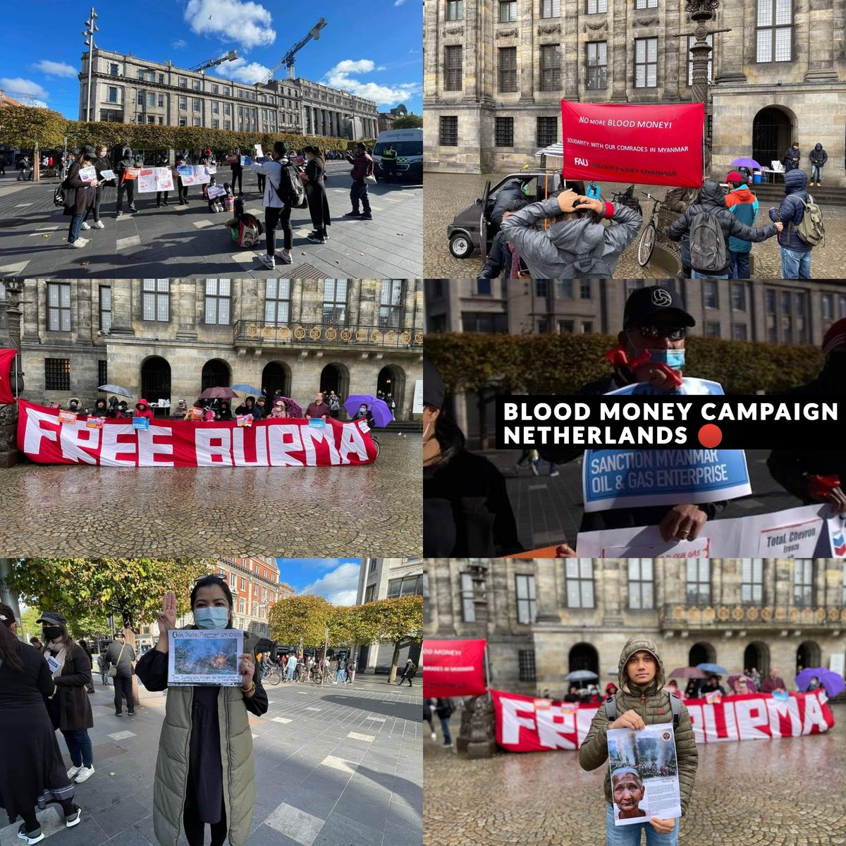 kuman_dra's tweet photo. Anti-coup Blood Money Campaign in Netherlands. 🪧  #Oct31Coup #SanctionMOGE #FreezePaymentsToJunta     #WhatsHappeningInMyanmar https://t.co/PMSzfDLtsR