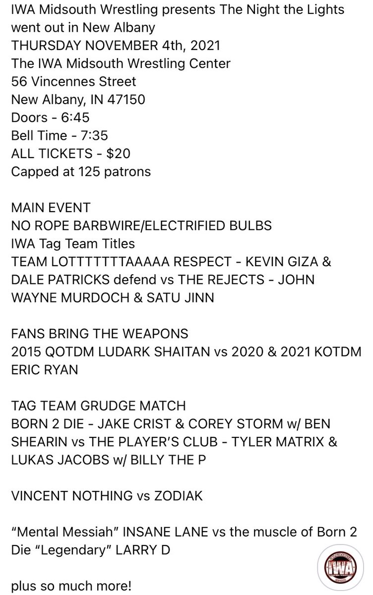 IWAMidSouth's tweet photo. THURSDAY! Grand opening of the IWAMS Wrestling Center in New Albany, IN
https://t.co/NqCtCjlk2S
💡💡 NEW MATCHES 💡💡
Rubber match
@HybridZodiak v @VincentNothing
@legendoflarryd vs @Mental_Messiah https://t.co/fRR4y3Gp9F