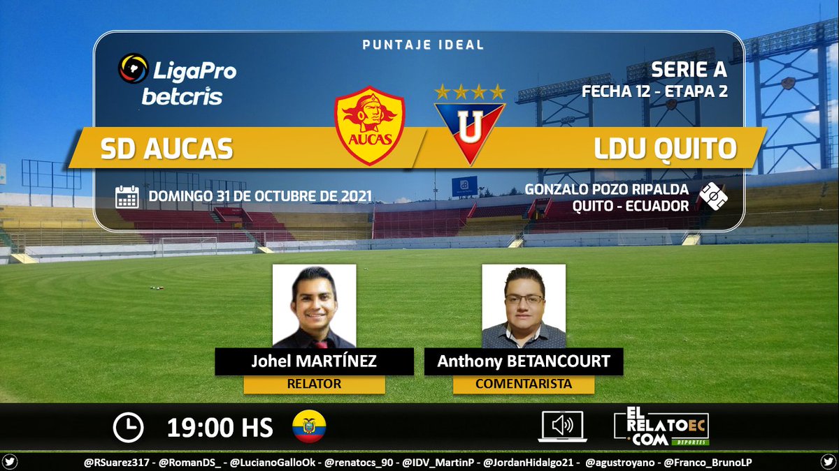 PuntajeIdealEC's tweet photo. ⚽ #LigaProBetcris 🇪🇨 | @Aucas45 vs. @LDU_Oficial
🎙 Relator: @JohelMartinez
🎙 Comentarista: @Anthonyalexis88
💻📱 #ElRelatoEc 🔉🎧 (Formato Radio)
YT: https://t.co/dpSuvz2CDb
FB: https://t.co/c7zUGnkqjg
Dale RT 🔃 https://t.co/PslmomvsXU